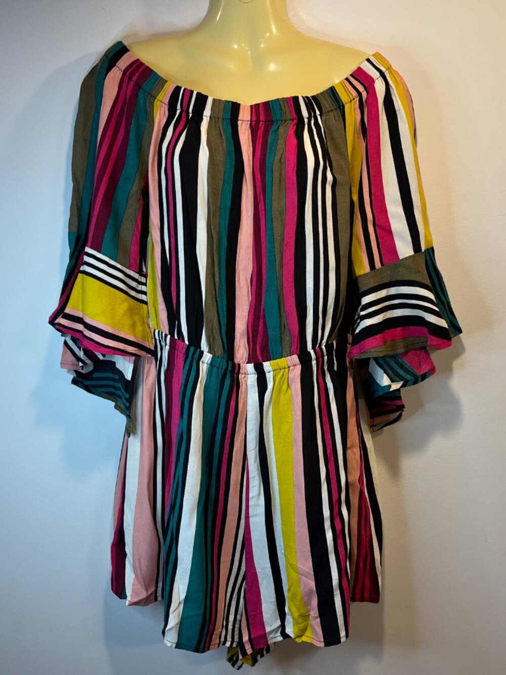 Express Off-Shoulder Multicolor Striped Romper Dress - Size Medium - NWT $59.95 - Picture 3 of 7